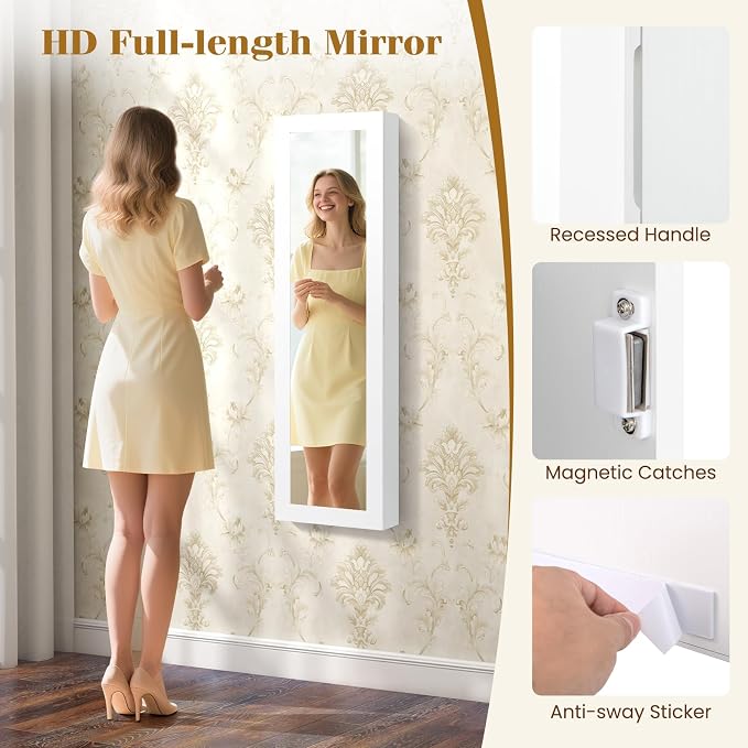 Giantex Wall or Door Mounted Jewelry Cabinet with Full Length Mirror, Over The Door Jewelry Armoire Organizer with Lights, Large Storage with Necklace Hooks, Earring Slots & Shelves (White) - Image 6