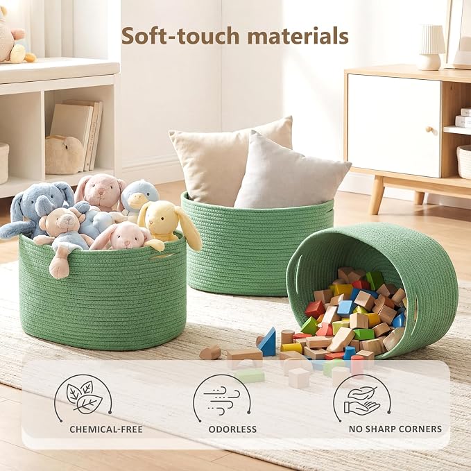 ECDYQXVU Cotton Rope Storage Basket, 15x10x9 Inches, Woven Basket for Shelves, Clothes, Towels, Books, and Laundry, Green (3 Pack) - Image 5