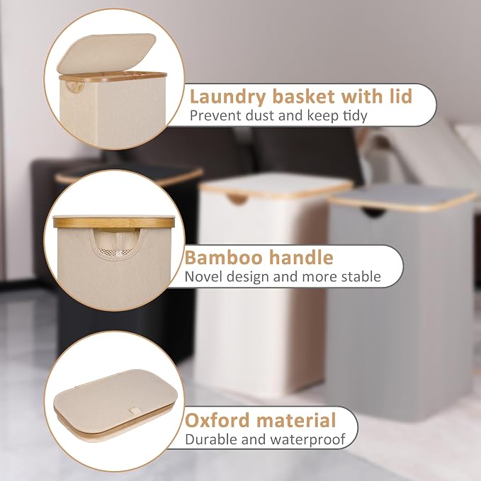 iEGrow 65L Slim Laundry Hamper, Narrow Laundry Basket with Lid,Foldable Clothes Hamper with Bamboo Handles,Hamper Basket with Removable Inner Bag for Laundry Room Bedroom College Dorm,Oatmeal - Image 5