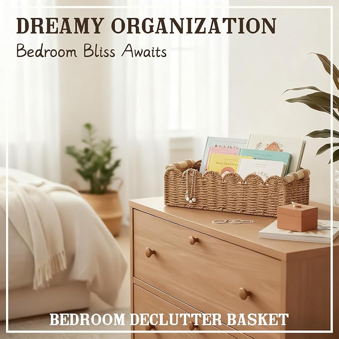 Upgraded Paper Rope Scalloped Edge Toilet Paper Storage Basket, Small Living Room, Bedroom Decor Baskets for Over Toilet Storage Shelf, End Table, Shelves and More, with 2 Wooden Handle (Green) - Image 3