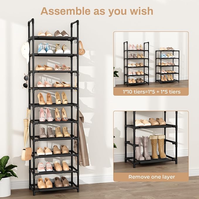 VTRIN 10 Tiers Tall Shoe Rack Holds 20-25 Pairs of Shoes Sturdy Vertical Shoe Organizer with 18pcs Hooks Stackable Narrow Shoe Rack for Closet, Entryway Black - Image 5
