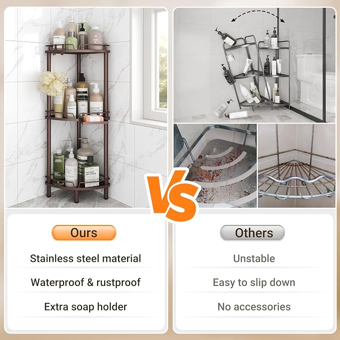 ELYKEN Corner Shower Caddy Standing, 3 Tier Rustproof Metal Shower Organizer with Soap Holder, Floor Shower Corner Shelf Rack Storage Stands with Adjustable Feet & 2 Hooks for Bathroom, Bronze - Image 7