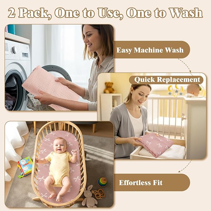 Basumee Muslin Bassinet Sheets for Baby Girl Boy 2 Pack Soft Breathable Baby Bedside Bassinet Fitted Sheets with Bottom Elastic Band Mattress Cover for Rectangle Oval Hourglass Bassinets