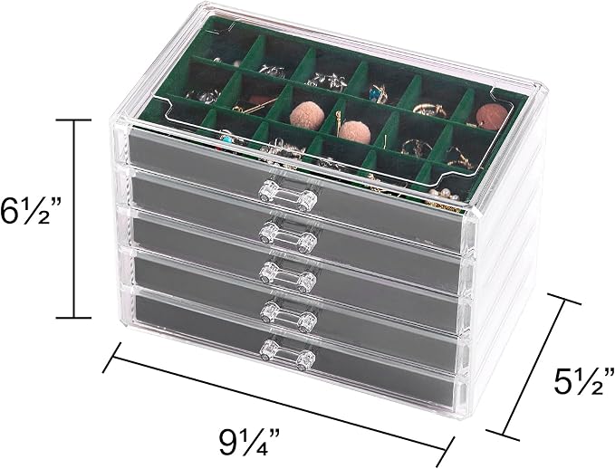 Frebeauty Acrylic Jewelry Organizer Earring Organizer Box with 5 Drawers Earring Holder Organizer with Velvet Trays Clear Jewelry Box for Women Earring Display for Rings Studs(Blackish Green) - Image 2