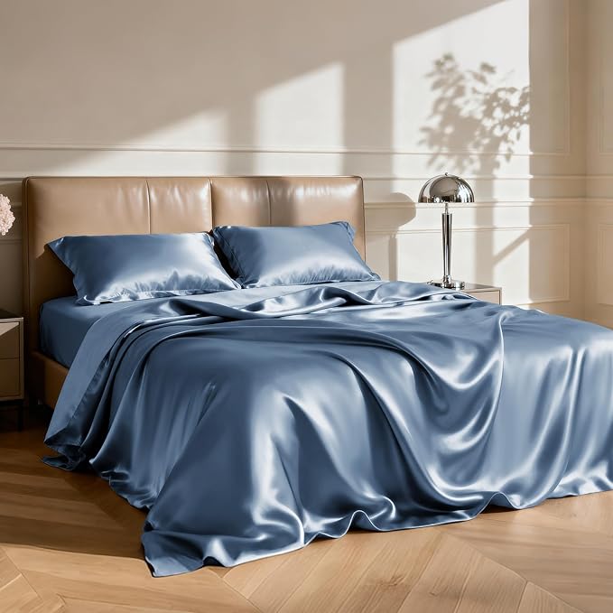 Love's cabin Satin Queen Sheets Set - 4 Piece Ash Blue Silky Bed Sheets Set with Deep Pocket, Luxury Silk Feel Satin Queen Size Sheet Set (1 Flat Sheet,1 Fitted Sheet,2 Pillow Cases)