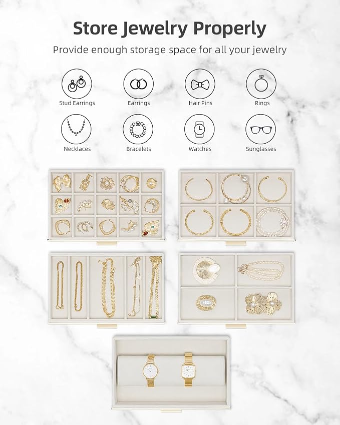 VLANDO 6 Layer Large Jewelry Box - Jewelry Holder Organizer, Jewelry Box Organizer for Drawer Necklace Ring Bracelet and Watch, Birthday Gift for Loved Ones - Beige - Image 4