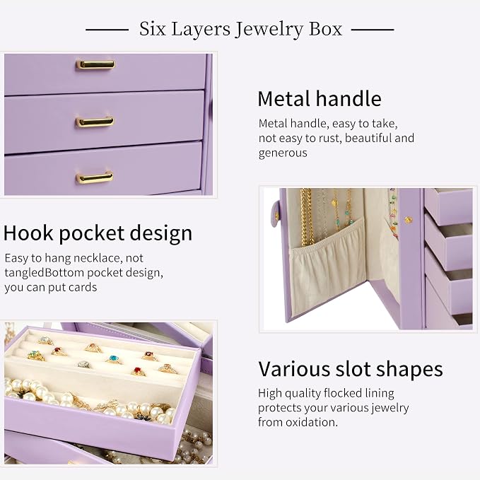 AKOZLIN Large Jewelry Box Organizer Functional with Big Mirror, Leather Jewelry Storage Case for Women Girls Ring Necklace Earring Bracelet Holder Organizer Violet - Image 5