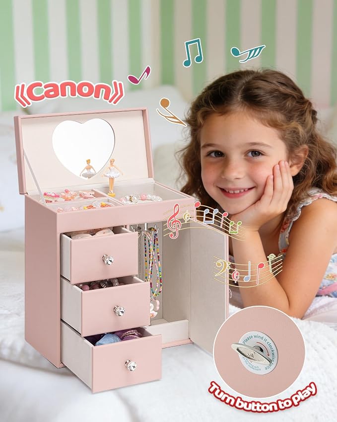 VLANDO Musical Jewelry Box for Girls, Large Kid Music Box with Ballerina for Birthday Bedroom Decor, 4 Layer Girl Jewelry Gifts for Girls Kids - Pink - Image 7