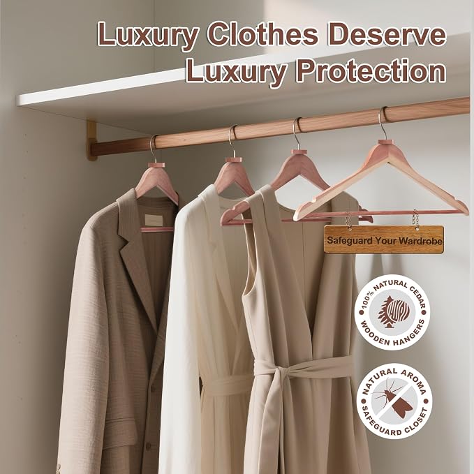 HOUSE DAY Cedar Hangers for Closet 30 Pack, Smooth Cedar Wood Hangers with Rings, 360° Swivel Hook, U-Shape Notched, Non Slip Pant Bar, Sturdy Wooden Clothes Hanger for Coats, Dresses, Suits - Image 3