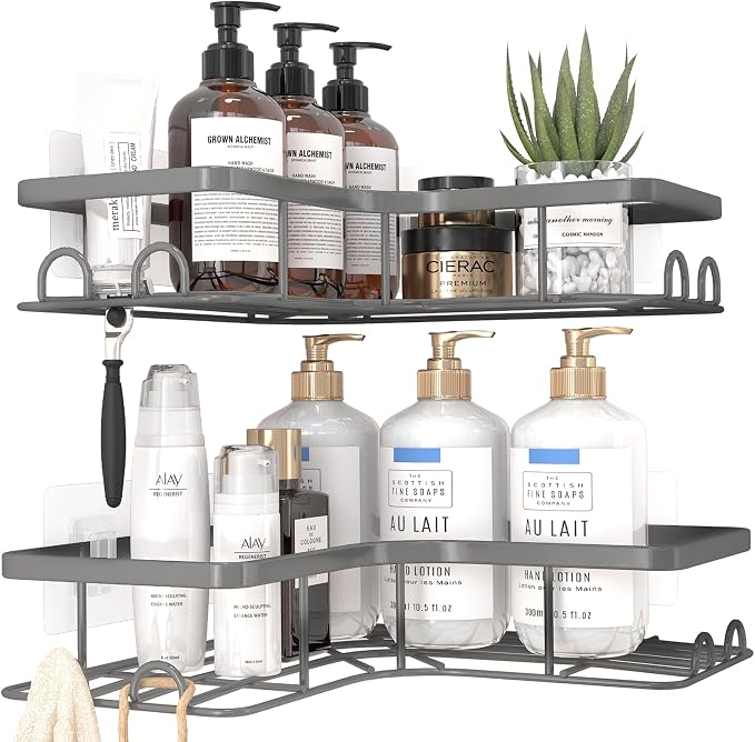 Sakugi Corner Shower Caddy - 2 Pack, Adhesive Shower Organizers, Rustproof Stainless Steel Shower Shelves with 8 Hooks, No Drilling Bathroom Organizers and Storage Racks, Space-Saving, Grey, Large - Image 3