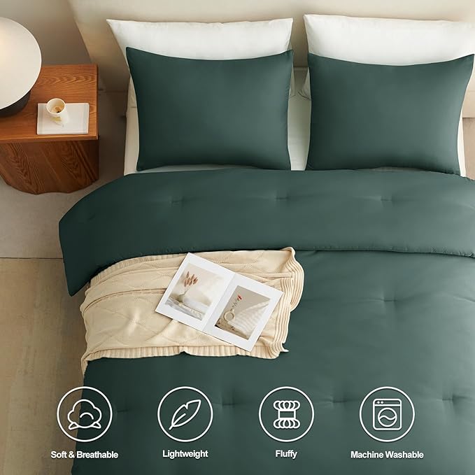 CozyLux Full Size Comforter Set Forest Green, 3 Pieces Solid Breathable Quilted Bedding Sets, Luxury Lightweight Soft Bed Set with Down Alternative Comforter and 2 Pillowcases for All Seasons