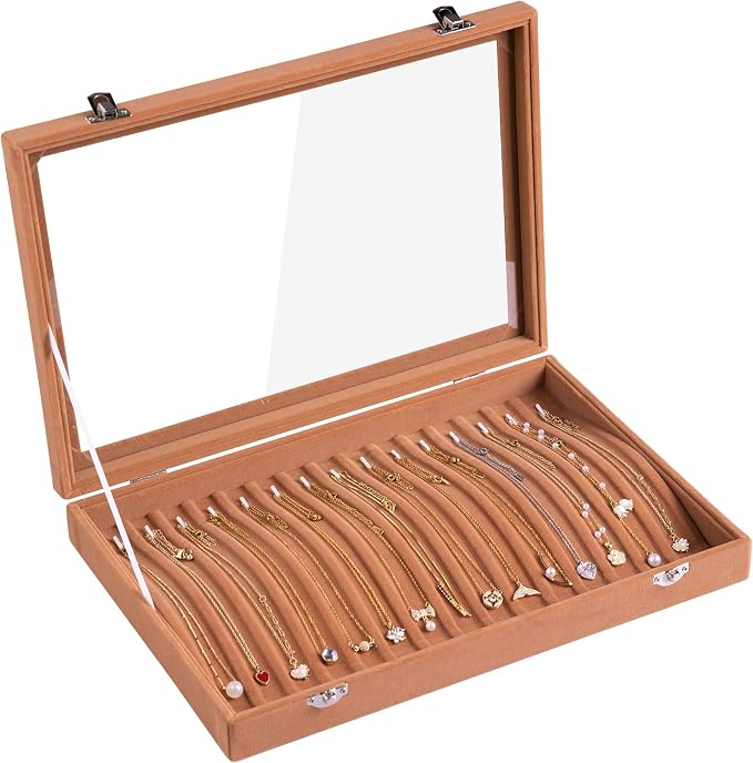 Frebeauty 15 Hooks Necklace Tray Velvet Neckalce Organizer with Clear Lid Lockable Necklace Holder Box Jewelry Organizer for Pendants Chains Necklace Jeweley Tray for Women Girl (Camel) by Frebeauty