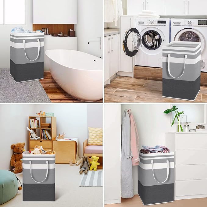HomeHacks 2 Pack Large Laundry Baskets, Waterproof, Freestanding Laundry Hampers, Collapsible Clothes Hamper with Reinforced Handles in Laundry, College Dorm, Bathroom, Bedroom (Grey+Blue, 88Lx2) - Image 6