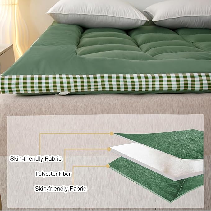 Thick Mattress Topper Queen Size - Non-Slip Mattress Pad Cover for Back Pain Breathable Folding Sleeping Pad Machine Washable Mattress Protector (60x80 inch,Green)