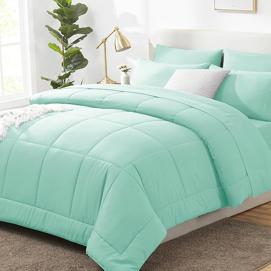 CozyLux Queen Comforter Set Mint Green, 7 Pieces Bed in a Bag, Green Comforters Queen Size, All Season Bedding Sets with Stitch Quilted Comforter, Flat Sheet, Fitted Sheet, Pillowcases