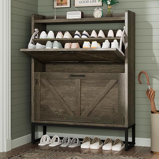 GRUSIGN Shoe Cabinet, Shoe Storage Cabinet with 2 Flip Drawers & Adjustable Shelf, Space-Saving Shoe Organizer – Holds 16+ Pairs, Narrow Shoe Cabinet Storage for Entryway/Hallway（Grey） by GRUSIGN