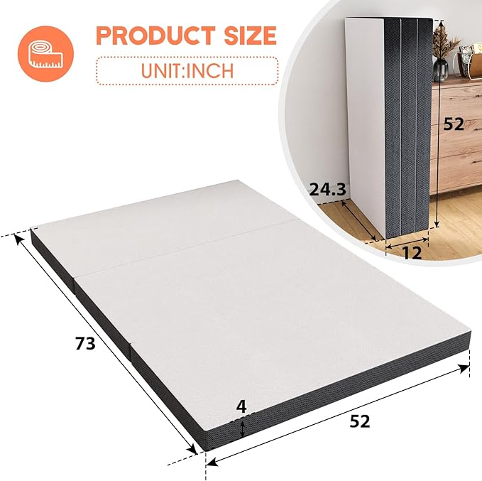 4 inch Memory Foam Tri Folding Mattress/Portable Foldable Mattress Topper with Washable Cover Non-Slip Bottom for Camping, Guest, Floor RV, CertiPUR-US Certified, Full