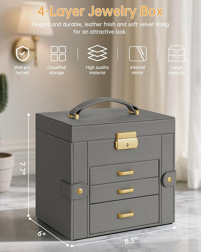 AKOZLIN 4-Tier Jewelry Box Leather Jewelry Storage Organizer with 3 Drawers Lockable for Women Girls Ring Necklace Earring Bracelet Holder with Mirror Dark Grey - Image 6