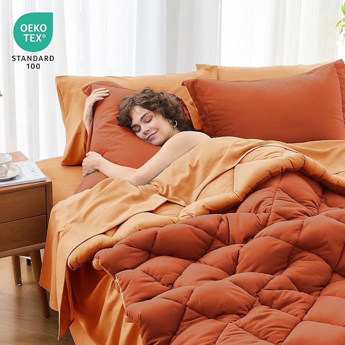 MUXHOMO 7 Pieces King Comforter Set, Reversible Bed in a Bag King Size, All Season Bedding Set with Comforter, Flat Sheet, Fitted Sheet, Pillowcases & Shams, Burnt Orange & Camel