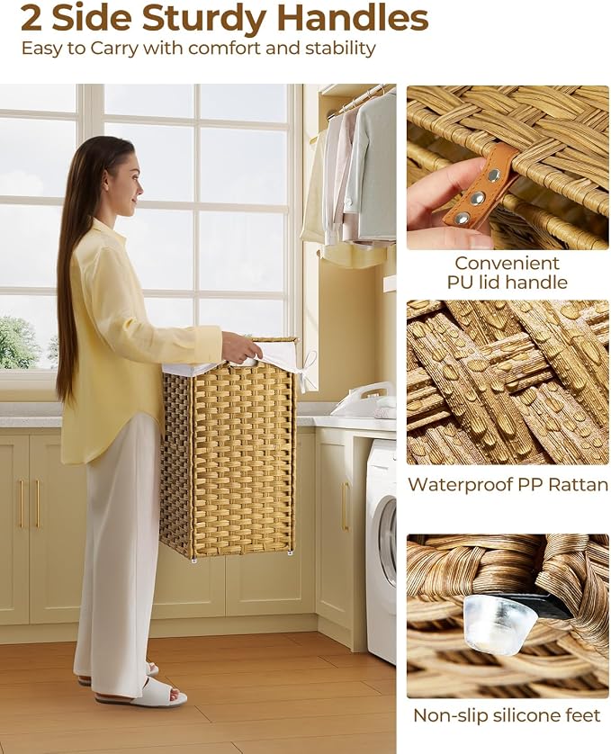 Greenstell Laundry Hamper with Lid, 125L Laundry Basket with 2 Removable Liner Bags & 2 Mesh Bags, Handwoven Synthetic Rattan Clothes Hamper for Clothes, Toys in Bathroom, Bedroom, Foldable, Natural - Image 3