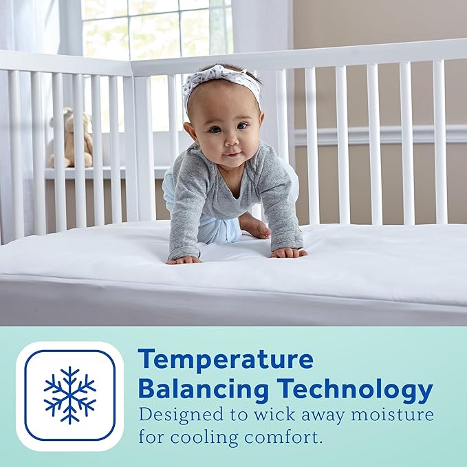 Sealy Baby Cool Comfort Cooling Breathable Waterproof Crib Mattress Protector Pad, Toddler Bed Cover, Infant and Newborn Durable Comfortable Topper, Machine Washable and Dryer Friendly, 52x28”- White