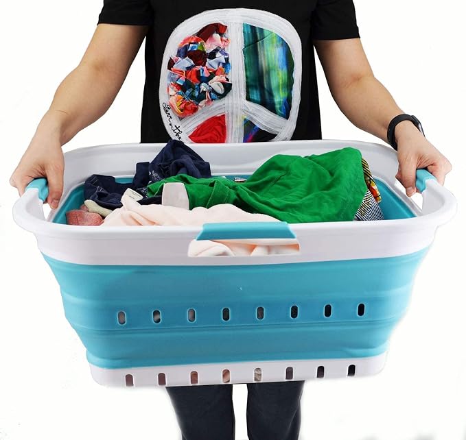 SAMMART 42L Collapsible Plastic Laundry Basket - Foldable Pop Up Storage Container/Organizer - Space Saving Hamper/Basket (1, White/Bright Blue) - Image 6