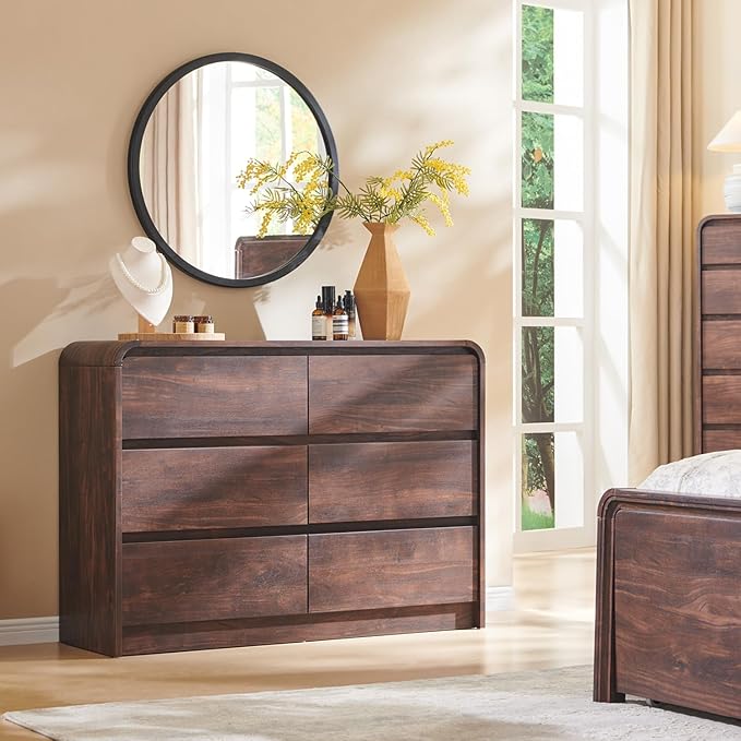 Aitjunz Modern 6 Drawers Dresser for Bedroom, 47" Wide Wood Dressers & Chests of Drawers w/Curved Profile Design, Mid Century Modern Dresser w/Natural Texture for Bedroom, Living Room, Brown
