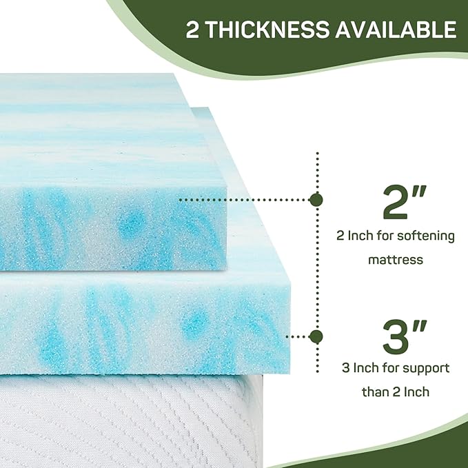 2 Inch Mattress Topper Full Size, Gel Memory Foam Mattress Pad, CertiPUR-US Certified, Ventilated Bed Topper for Pressure Relief Back Pain, Blue