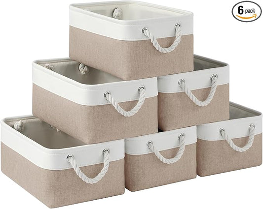 Storage Baskets for Shelves 13.8x9.8x6.7 Inch, Foldable Fabric Storage Bins with Handles, Small Storage Baskets for Organizing Closet, Office, Home Organization (6-Pack, White&Khaki) by VQRTEXAStorageBasket