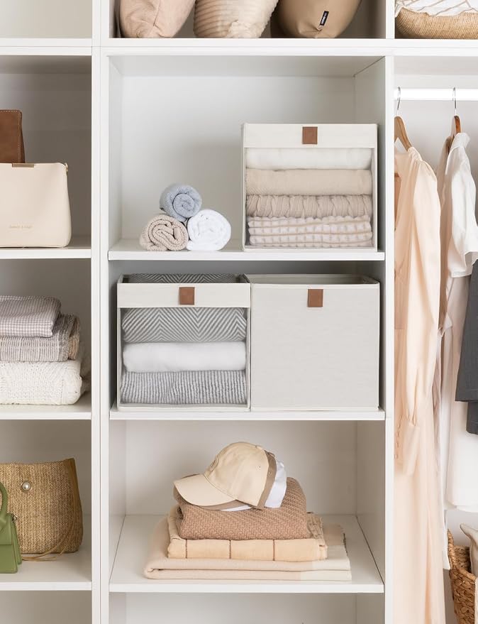 StorageWorks 11x11 Storage Cubes, Closet Storage Bins with Clear Window, Fabric Organizer for Clothes, Collapsible Storage Baskets with PU Handles, Beige, 3-Pack - Image 5