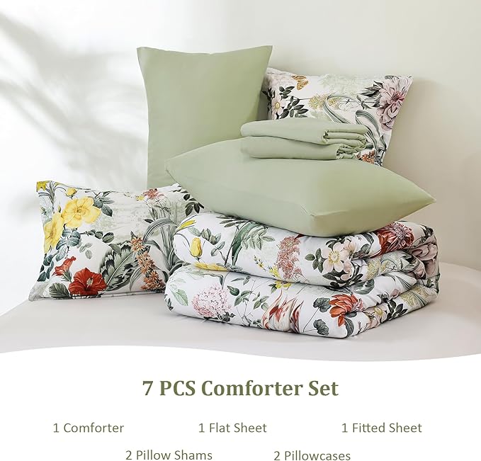 WONGS BEDDING Sage Green Comforter Set King,7 Pieces Floral Comforter Set for All Seasons,Bed in a Bag King with Botanical Flowers Comforter, Sheets, Pillowcases & Shams