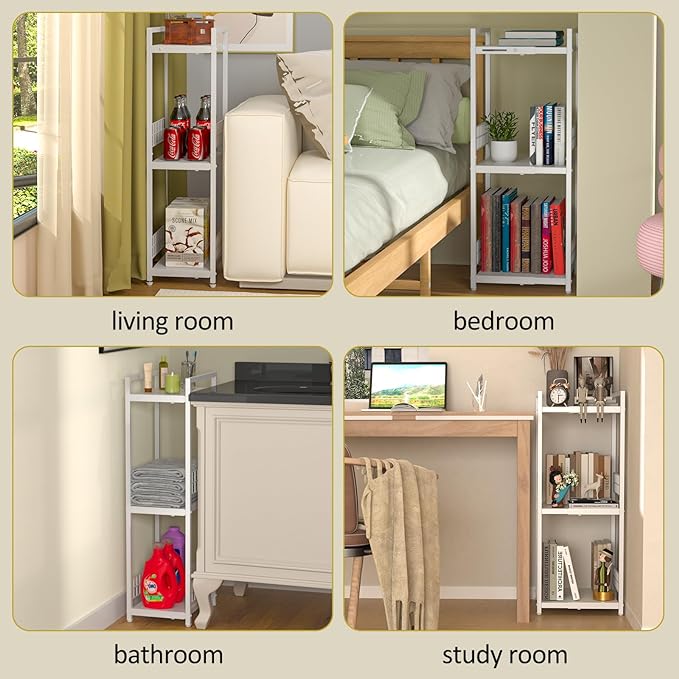 DAOUTIME Expandable Slim Storage Shelf, 3 Tier Metal Shelving Unit for Bathroom Storage Organizer, Free-Standing Narrow Shelf, Open Floor Shelves for Small Spaces,Laundry,Bathroom,Kitchen, White - Image 7
