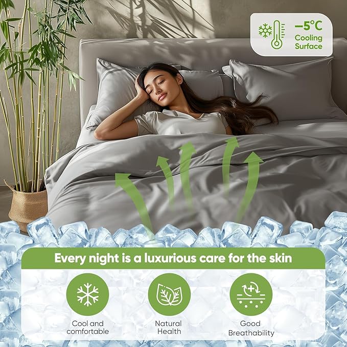 TWK Luxury Sheet Set, Genuine 100% Organic Viscose Derived from Bamboo, Cooling & Breathable, Silky Soft, Bedding Sheets & Pillowcases (Gray, King)