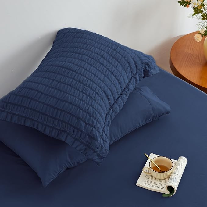 Love's cabin Seersucker Dark Blue King Size Comforter Set, 7-Piece All Season Lightweight Bed in a Bag Bedding Set with Comforter, Flat Sheet, Fitted Sheet, Pillowcases and Shams | Soft, Breathable, Lightweight