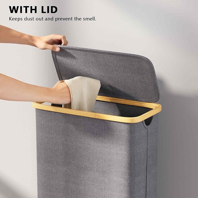 SpaceAid Slim Laundry Hamper with Lid, 65L Narrow Clothes Basket Bin with Bamboo Handles, Skinny Tall Collapsible Hamper for Bedroom, Bathroom, Dorm, Laundry Room - Grey - Image 7