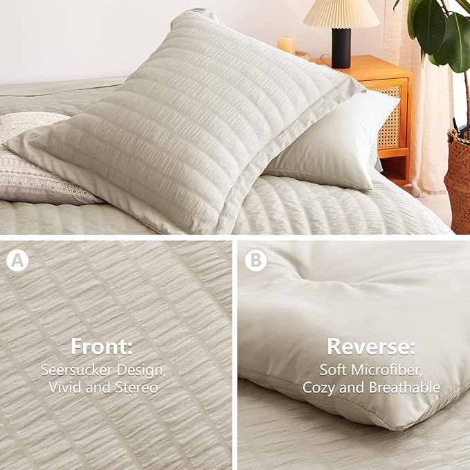 CozyLux King Size Comforter Set Oatmeal Seersucker 7 Pieces Bed in a Bag King Comforter Set with Sheets, Luxury Bedding Sets with Down Alternative Comforter, Sheets, Pillowcases & Shams All Seasons
