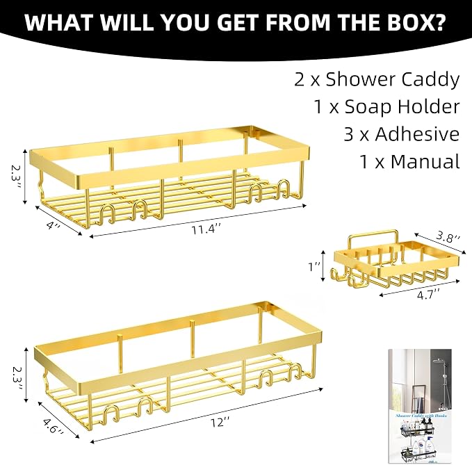 Moforoco 3-Pack Shower Caddy Basket Shelf with Soap Holder, No Drilling Traceless Adhesive Shower Wall Shelves, Rustproof Gold Bathroom Shower Storage Organizer - Image 10