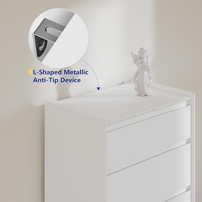 24" Wide White Dresser for Bedroom, 5 Drawer Vertical Chest, Modern Matte Wood Tallboy with Anti-Tip Kit, Space-Saving Storage Organizer for Closet & Small Spaces, Handle-Free