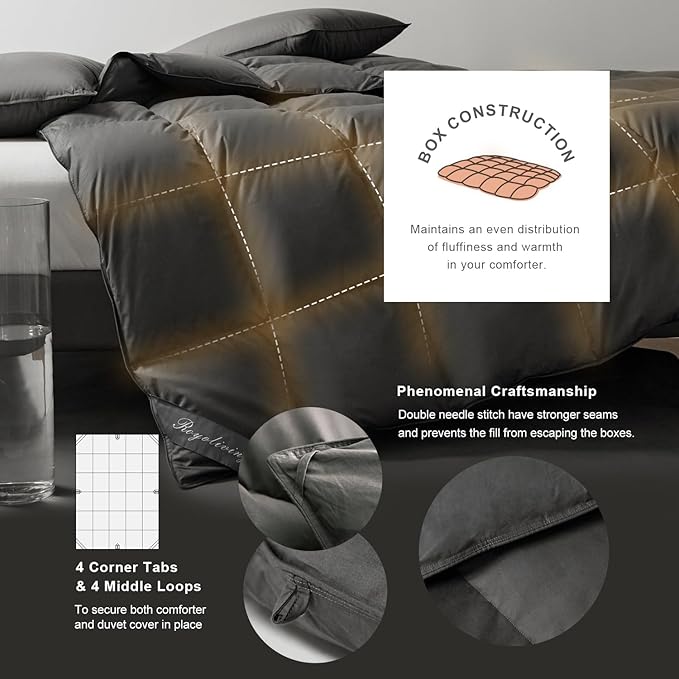 Royoliving Premium Feathers Down Duvet Insert Comforter Twin Size Charcoal Gray All Season Medium Warmth Grey 100% Cotton Cover with Corner Tabs (68x90, 35 oz)