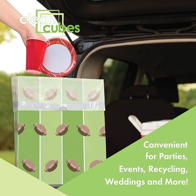 Clean Cubes 13 Gallon Disposable Pop-Up Trash Cans (3-Pack) with Fitted Bags – Foldable Garbage & Recycling Bins for Parties, Events & Kitchen (Tailgating, 17" H x 13.5" W x 10" D) - Image 2
