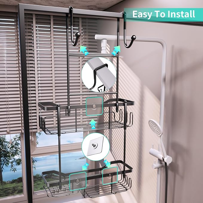 HapiRm Hanging Shower Caddy Over the Door with Soap Holder, No Drilling Adhesive Shower Organizer with 11 Hooks, Rustproof & Waterproof 304 Stainless Steel Bathroom Shelves - Black - Image 7