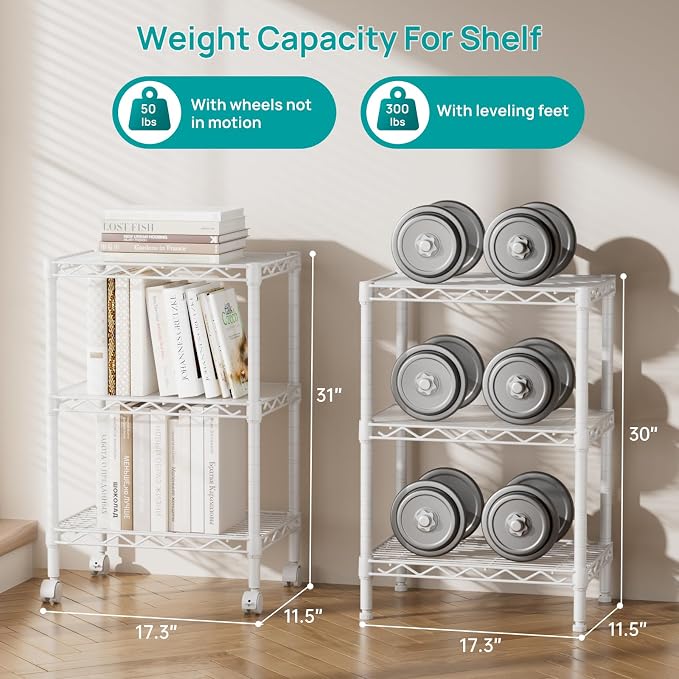 SINGAYE 3 Small Shelves Storage Shelf Wire Shelving Unit Metal Shelf Adjustable Organizers Storage Shelving with Wheels for Bathroom Laundry Room Kitchen Pantry11.5”D x 17.3”W x 30”H White - Image 3
