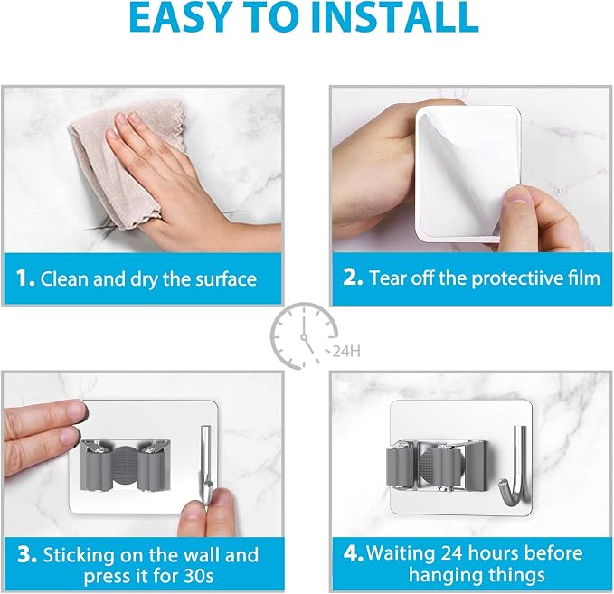 homeasy Mop Broom Holder No Drill, Mop Broom Organizer Wall Mounted Heavy Duty with Hooks Hanger, Self Adhesive Stainless Steel 6Pcs for Bathroom, Kitchen, Office (Silver) - Image 6