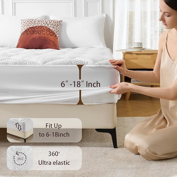 King Size Mattress Topper, Thick Quilted Fitted Mattress Pad Cover Breathable Bamboo Viscose Cooling Mattress Protector with 6-18 Inch Deep Pocket, Machine Washable (78x80 Inches, White)