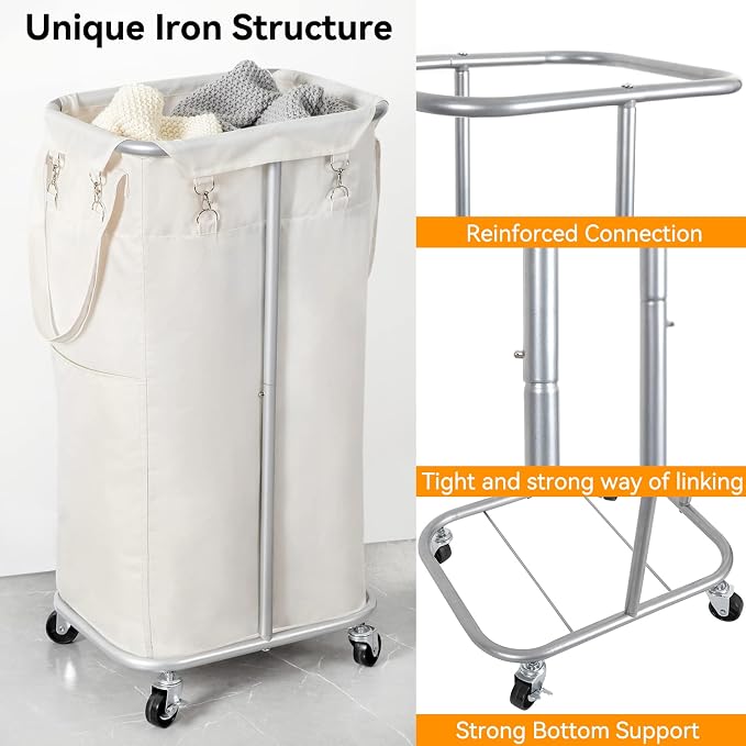WOWLIVE 100L Rolling Laundry Hamper with Wheels Large Basket Organizer Laundry Cart with Steel Frame and Removable Bag Foldable Tall Dirty Clothes Hamper Dorm Room Storage for Bedroom (Light Beige) - Image 6