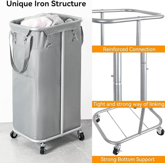 WOWLIVE 100L Rolling Laundry Hamper with Wheels Large Laundry Basket Organizer Laundry Cart with Steel Frame and Removable Bag Foldable Tall Dirty Clothes Hamper Dorm Room Storage for Bedroom (Grey) - Image 6