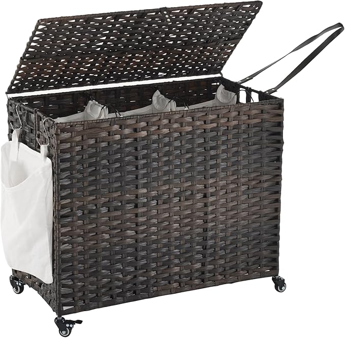 Laundry Hamper with Wheels, 52.8 Gallon(200L) Rolling Laundry Basket with Lid, 3-Section Rattan Clothes Hamper with 3 Removable Liner & 3 Mesh Bags, Laundry Sorter with Side Pocket, Brown by Hiagnete
