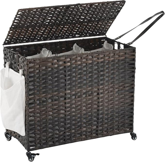 Laundry Hamper with Wheels, 52.8 Gallon(200L) Rolling Laundry Basket with Lid, 3-Section Rattan Clothes Hamper with 3 Removable Liner & 3 Mesh Bags, Laundry Sorter with Side Pocket, Brown by Hiagnete