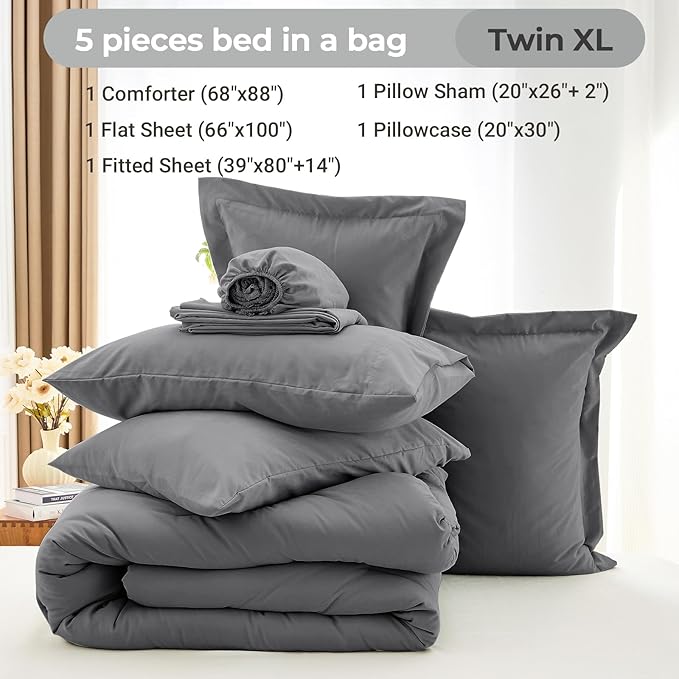 MUXHOMO 5 Pieces Twin XL Comforter Set, Soft Bed in a Bag Twin XL Size, All Season Bedding Set with Comforter, Flat Sheet, Fitted Sheet, Pillowcases & Shams, Dark Grey