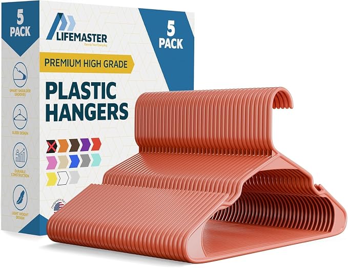 Lifemaster Plastic Clothes Hangers – Heavy Duty Hanger Set, for Organizing Clothes, Dresses, and Coat, Holds Up to 5 lbs, Space-Saving Hangers with Non-Slip Shoulder Grooves, Pack of 5, Dark Brown by LIFEMASTER